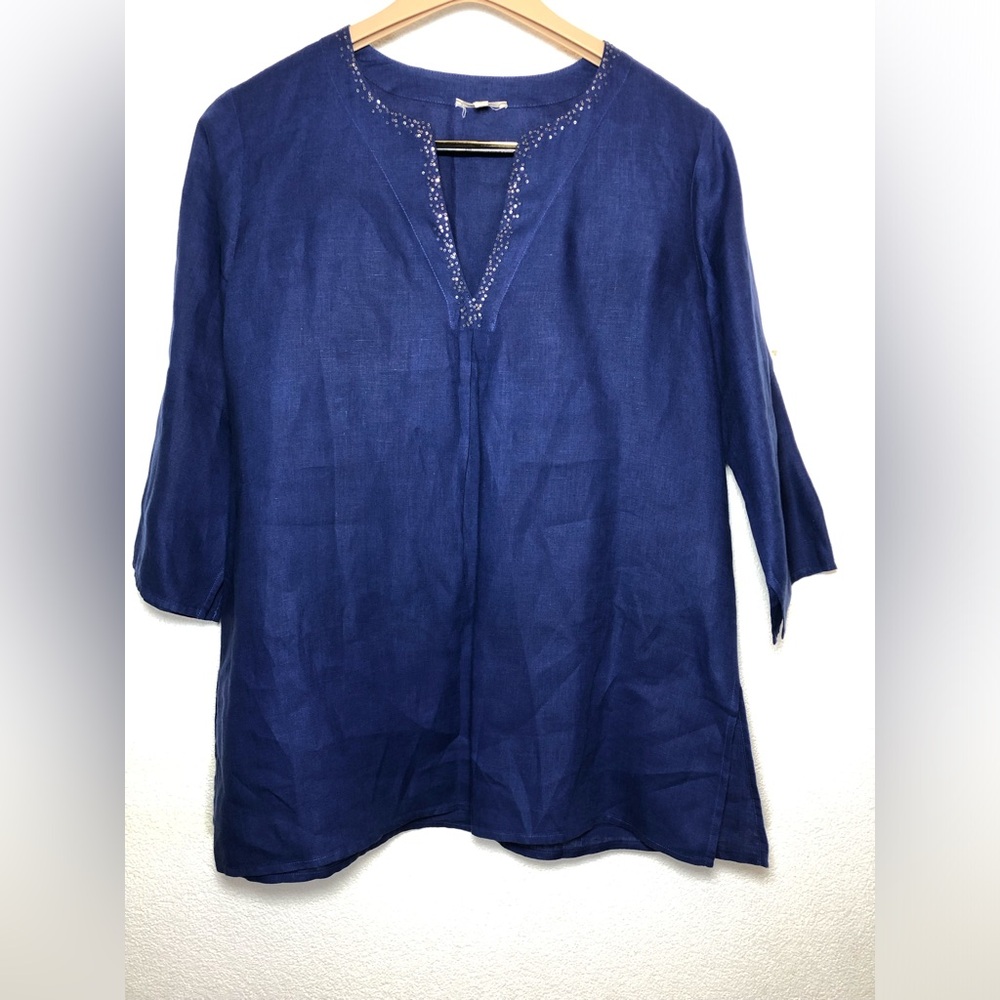 Eileen Fisher 100% Irish Linen Beaded/Sequin V- Neck Tunic Top